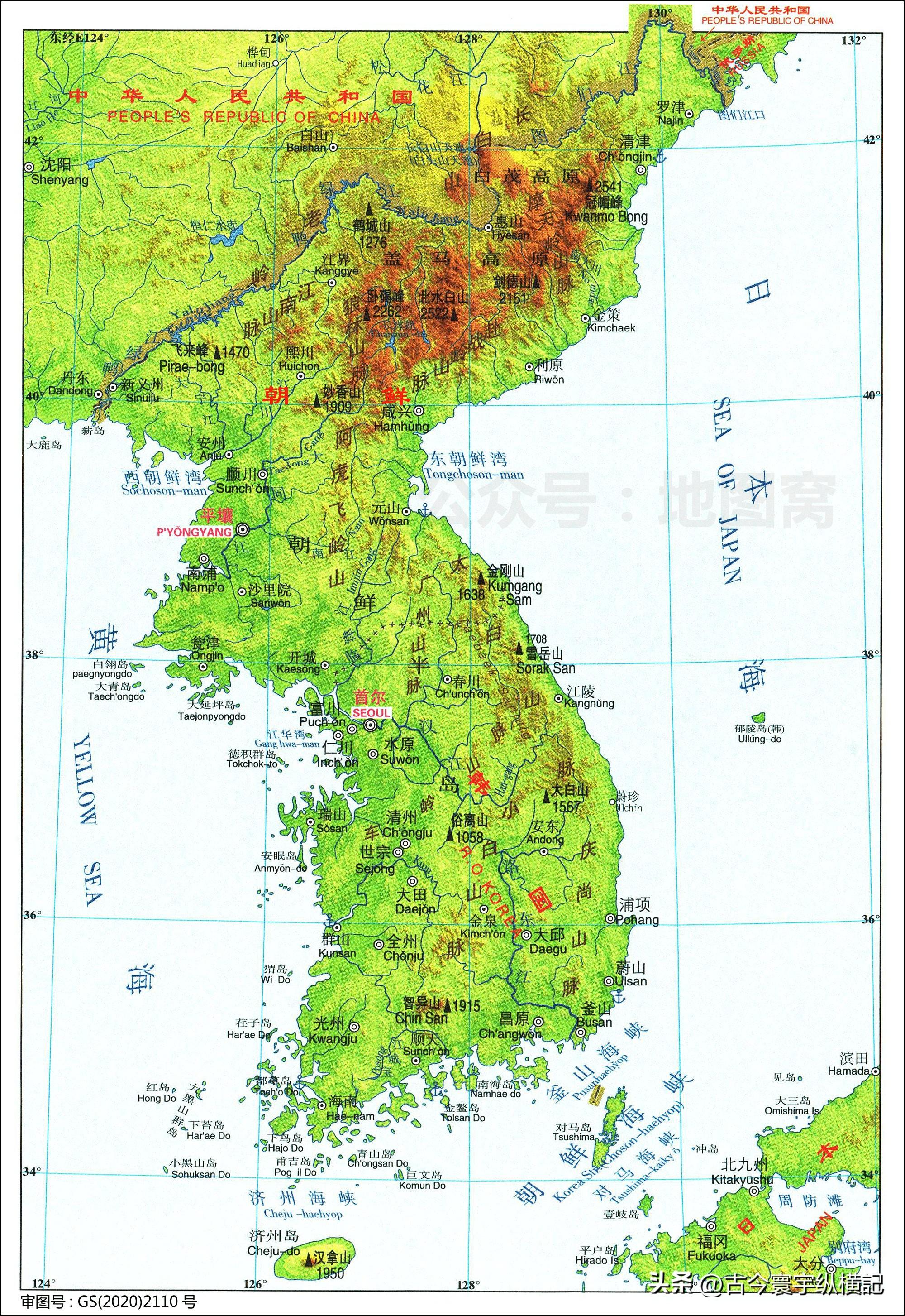 朝鲜和韩国中华人民共和国(中国)东亚国家地形图